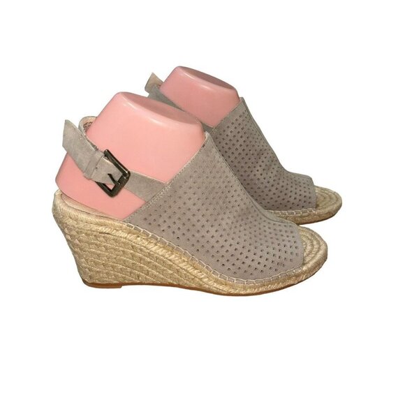 Caslon Women's Size 8.5 Espadrille Open Toe Wedge Sandals Suede Lasercut Taupe - Picture 1 of 7